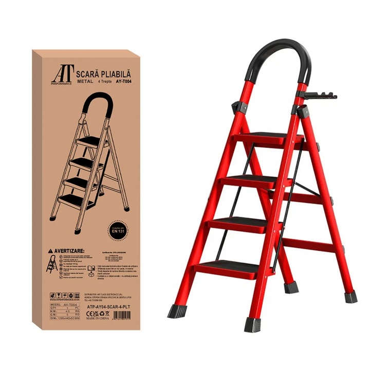 Scara Pliabila cu 4 Trepte Late, At Performance, 133x73x39 cm, Metalica, Maxim 150 Kg, Picioare Antialunecare, Rosu-Negru