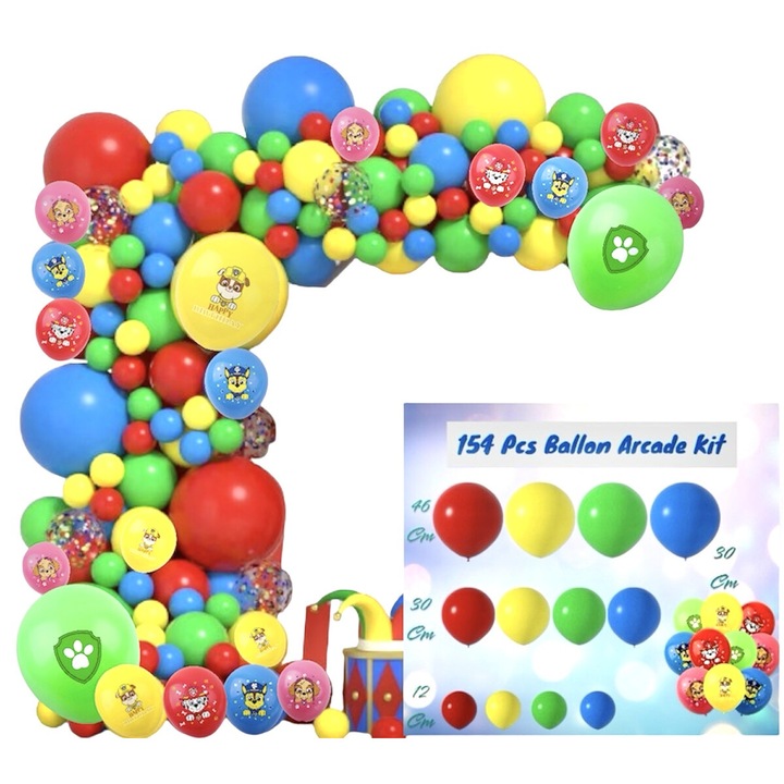 Mancs őrjárat dekoratív lufi ív készlet 154 darabos ANTADESIM, ideális keresztelőre vagy más évfordulókra, extra latex minőségű, többszínű