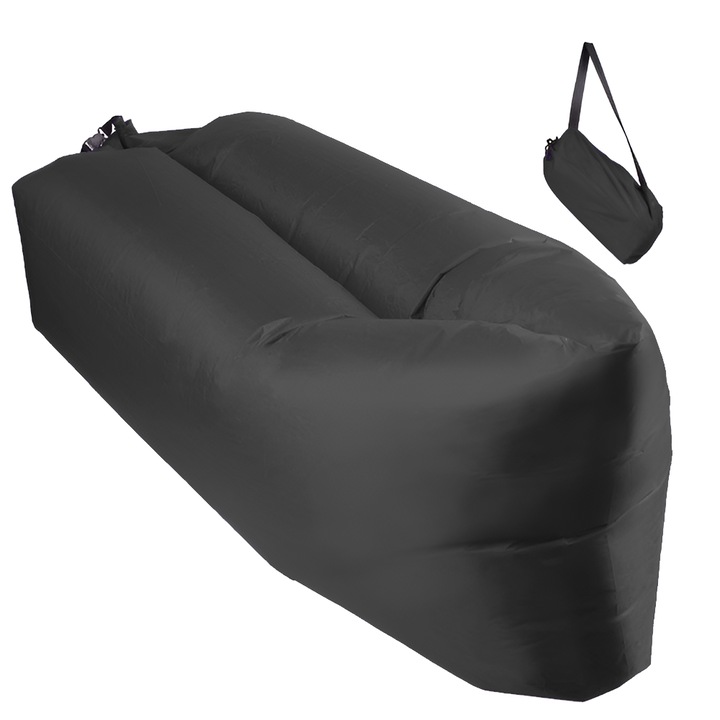 Надуваемо легло Lazybag Teno Sezlong, издръжлив материал, надува се без помпа, за плаж/пикник/къмпинг, раница за съхранение, 190 x 70 см, черен