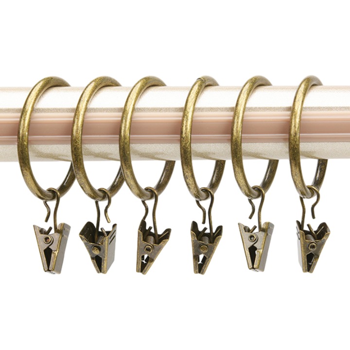 Set 14 inele cu clips pentru perdele, metal, finisaj antic alama, 4cm