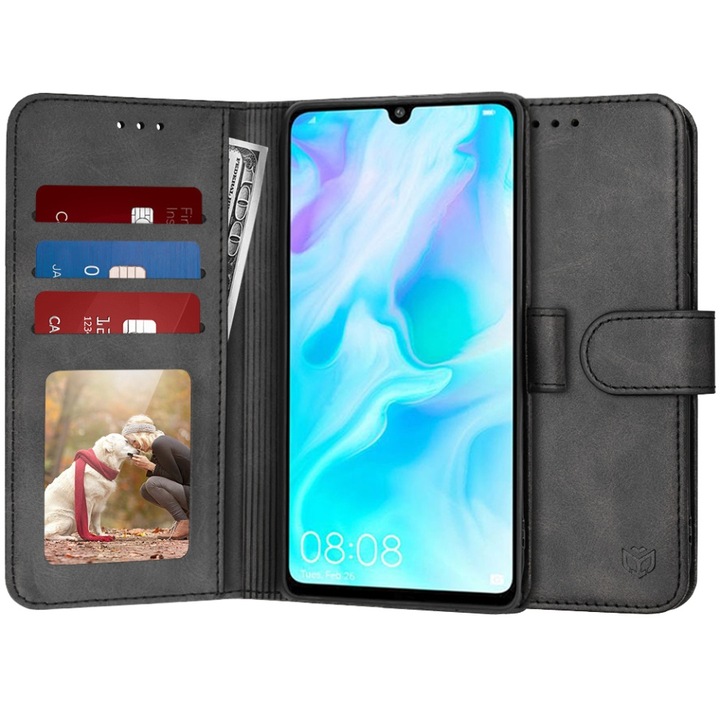 Husa pentru Huawei P30 Lite / P30 Lite New Edition, SKYDDAR INNOVATION, Diary Book, tip carte, cu Portofel Interior, Antisoc, Negru, set cu sticker