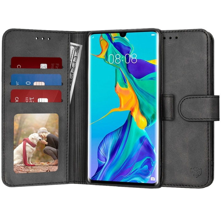 Husa pentru Huawei P30 Pro / P30 Pro New Edition, SKYDDAR INNOVATION, Diary Book, tip carte, cu Portofel Interior, Antisoc, Negru, set cu sticker