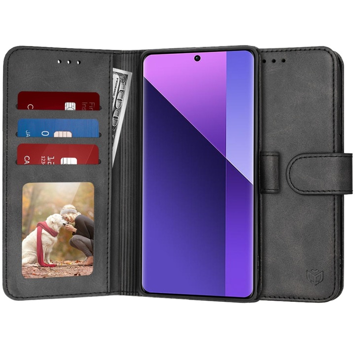 Husa pentru Xiaomi Redmi Note 13 Pro+ 5G, SKYDDAR INNOVATION, Diary Book, tip carte, cu Portofel Interior, Antisoc, Negru, set cu sticker