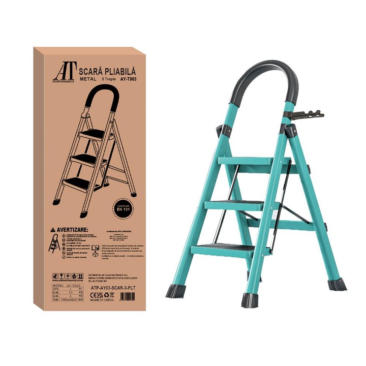 Scara Pliabila cu 3 Trepte Late, At Performance, 72x59x41 cm, Metalica, Maxim 150 Kg, Picioare Antialunecare, Turcoaz