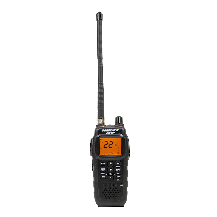 Преносима CB радиостанция President Jerry, AM/FM, Roger Beep, ASC, ANL, NB, HI-CUT, CTCSS / DCS, 1800 mAh батерия и 20 cm антена включени