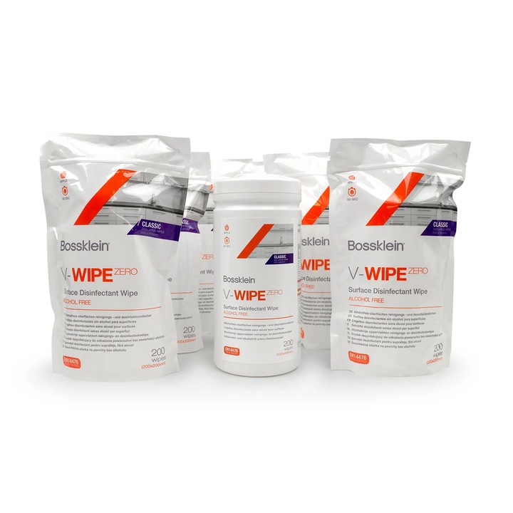 Servetele dezinfectante fara alcool, BossKlein V-Wipe Zero Kit, 1 tub gol si 6 x refill 200 bucati