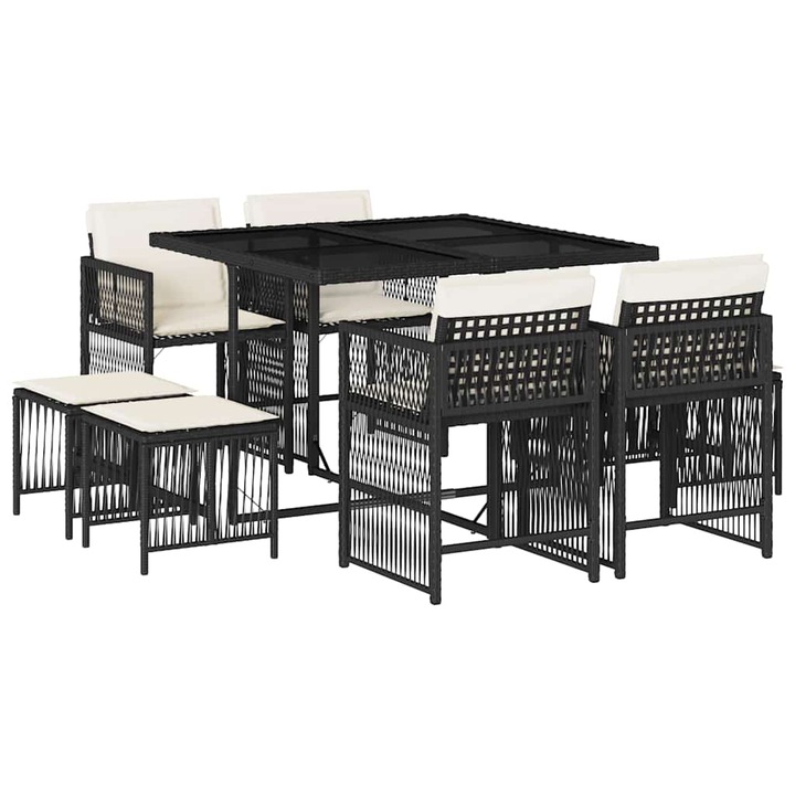Set mobilier de gradina cu perne vidaXL, 9 piese, negru, poliratan, 31.75 kg