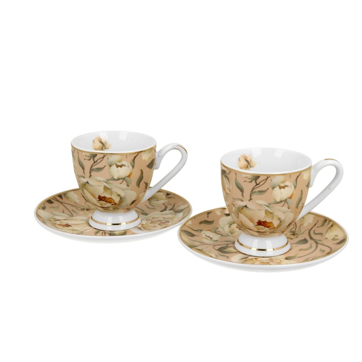 Set 2 cesti espresso cu farfurioare English Roses Cream, Golden Line, 90 ml