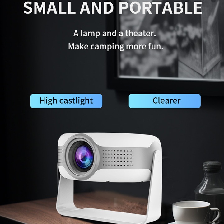 Proiector, 4K HD, pivotant la 130°, corectie keystone, compact si portabil, difuzor incorporat, luminozitate ridicata