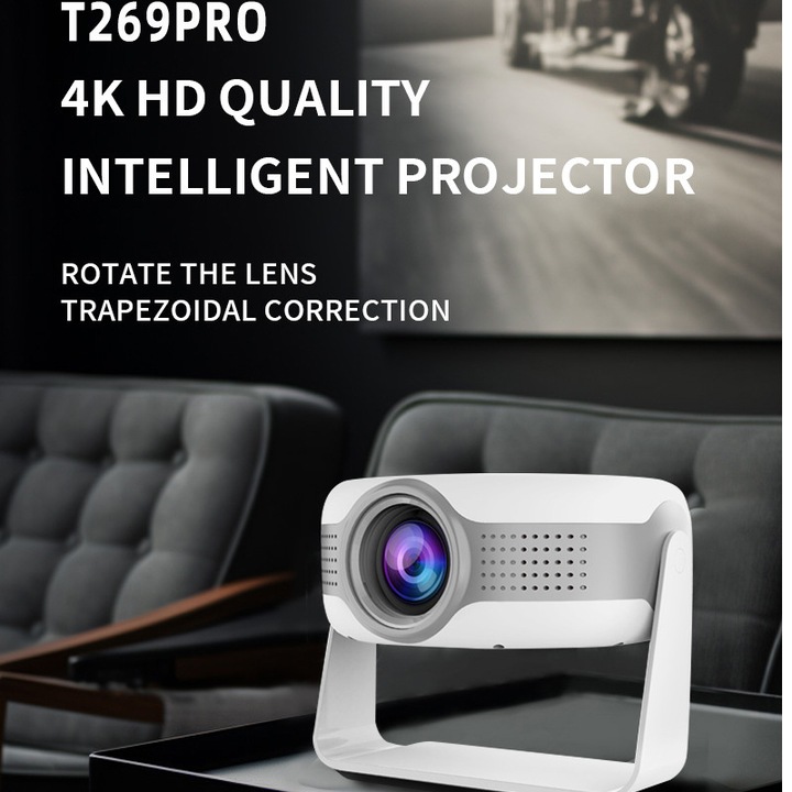 Proiector, 4K HD, pivotant la 130°, corectie keystone, compact si portabil, difuzor incorporat, luminozitate ridicata