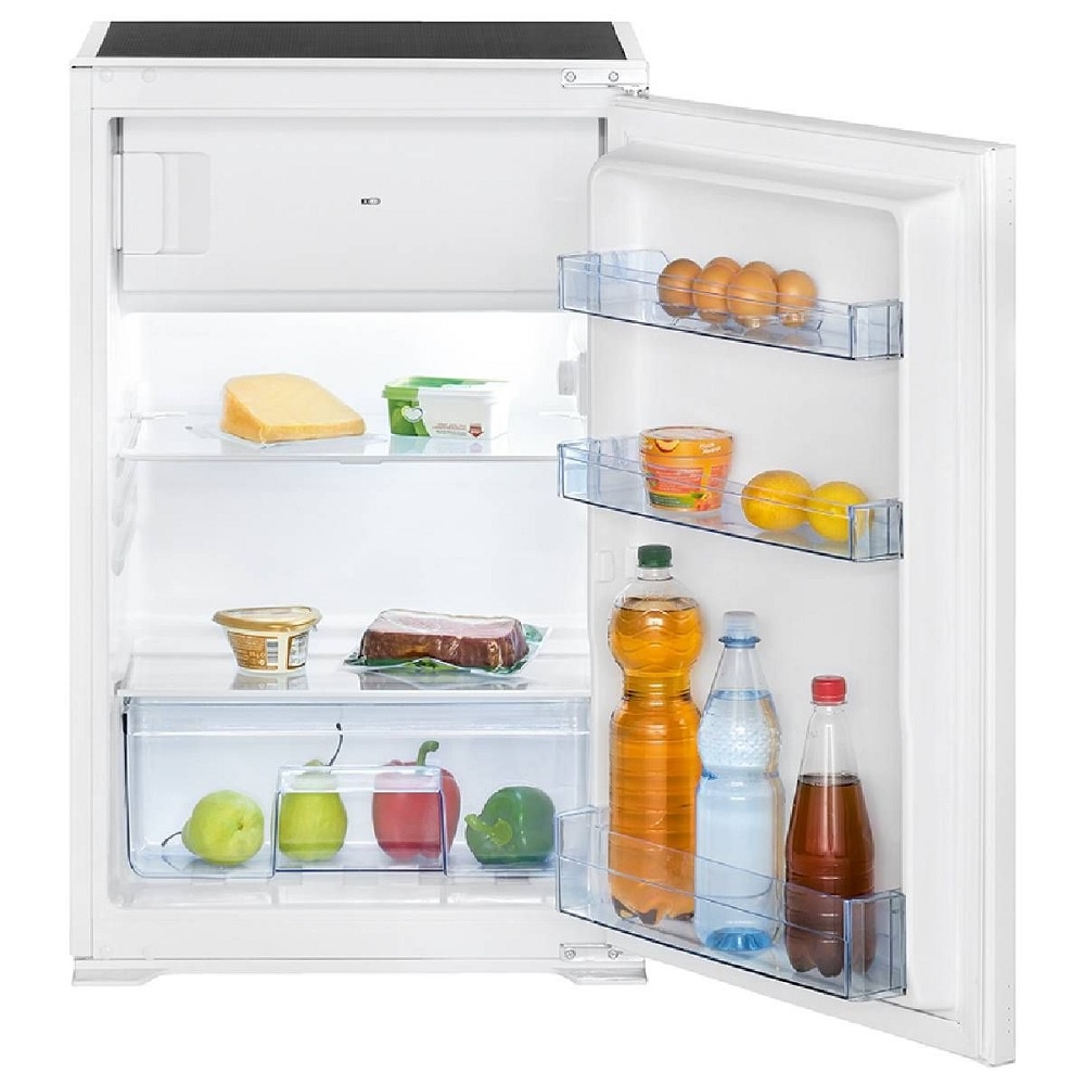 Mini frigider incorporabil Bomann, KSE7810W, H 89 cm, volum 118 litri, congelator 14 litri, consum redus, 2 rafturi sticla securizata, 3 compartimente usa, iluminat interior LED, usa reversibila, compartiment legume/fructe, dezghetare automata, alb