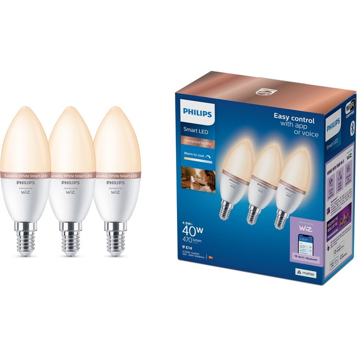 Пакет от 3 смарт RGB LED крушки Philips Smart C37, Wi-Fi/Bluetooth, E14, 4.9W (40W), 2200-6500K, енергиен клас F