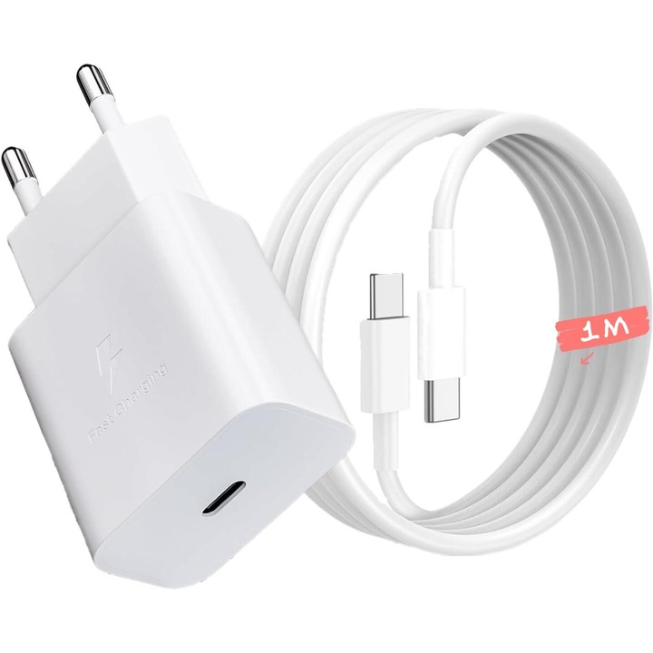 Incarcator Super Fast Charge, 45W, Cablu 1m, compatibil Samsung si Huawei, Alb