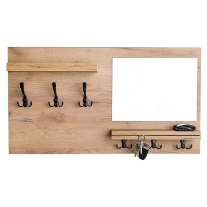 Закачалка за дрехи с рафт и огледало, стенна стойка за дрехи с 6 куки и ключове, 90 x 50 см (занаятчийски дъб) Mobleto