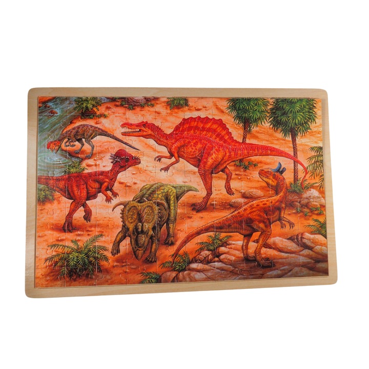 Puzzle educativ Montessori cu dinozauri carnivori si ierbivori, Onore, multicolor, lemn, 45 x 30 cm, 100 piese