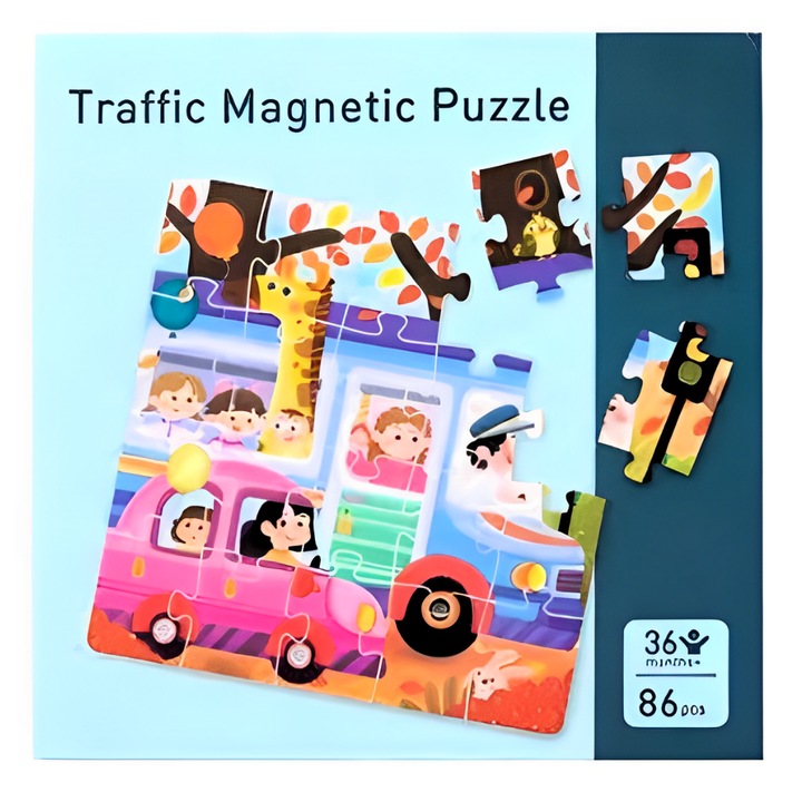 Puzzle educativ magnetic carte Montessori cu trafic stradal, Onore, multicolor, lemn, 18 x 18 cm, 86 piese