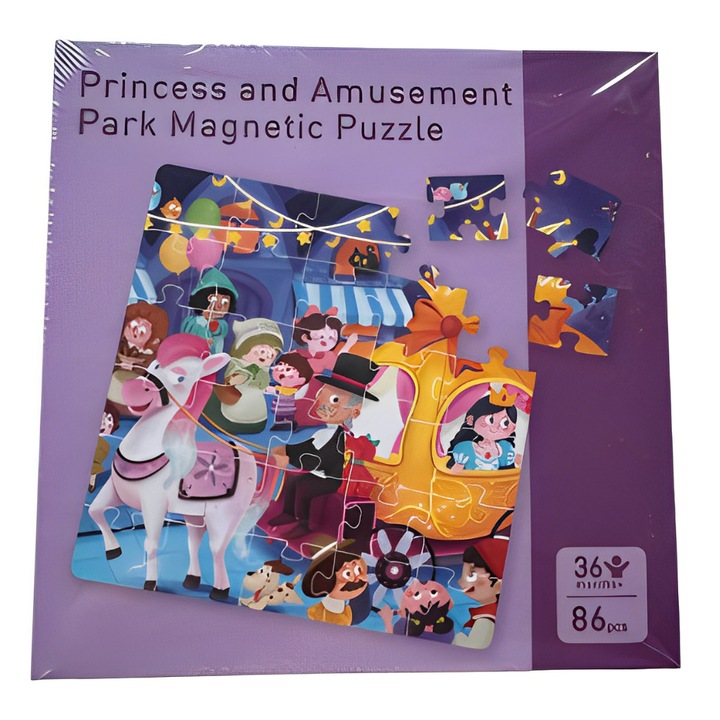 Puzzle educativ magnetic carte Montessori cu parc amuzament si printese, Onore, multicolor, lemn, 18 x 18 cm, 86 piese