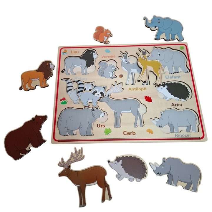 Puzzle magnetic incastru din lemn Animale Salbatice in limba Romana, 9 piese, multicolor, Toyska®