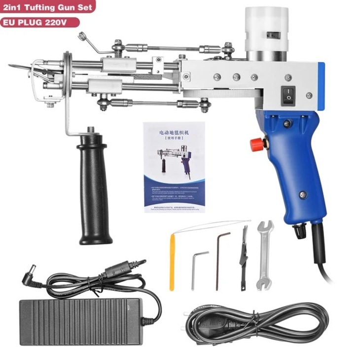 Set Pistol de tufting, Electric, Taiere si bucla, 10-19 mm, 70W, Argintiu / Albastru