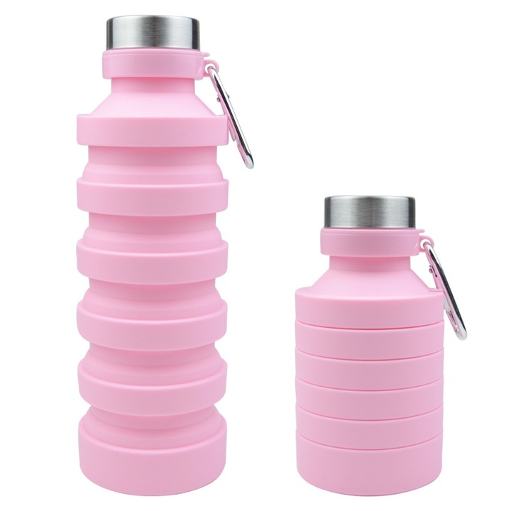 Bidon pliabil din silicon, fara BPA, etans, cu carabina, roz, 800ml