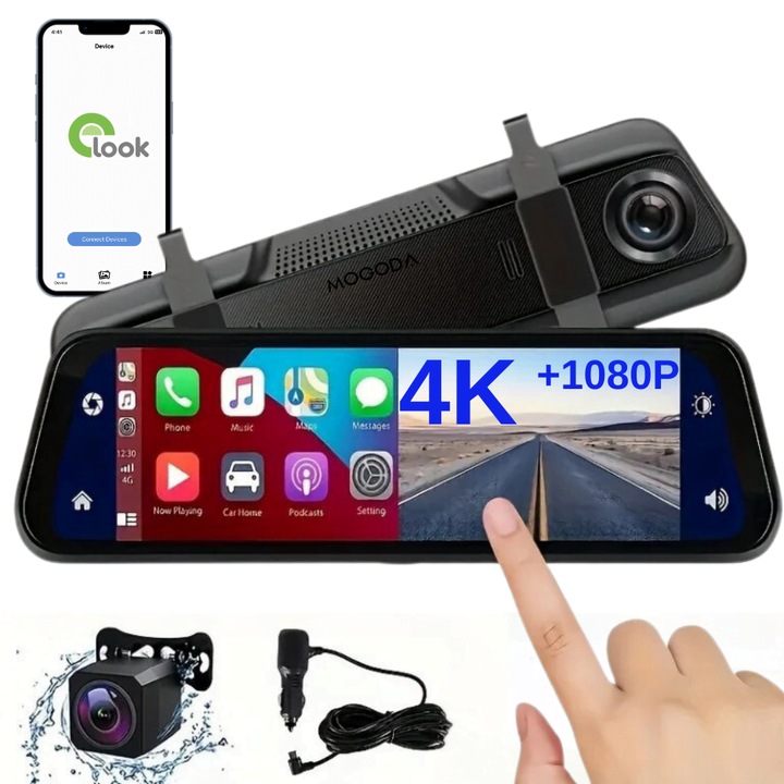 WiFi 4K MOGODA® камера за таблото на колата, Предна 4K + задна 1080P, 9,66 инча сензорен екран, Carplay, G-сензор, Сензор за паркиране, Нощно виждане, приложение elook, 170°, Светло черно
