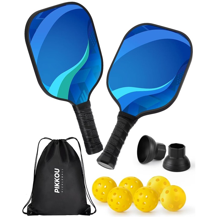 Set de Palete Pickleball de 2, Setul Pickleball PIKKOU include 4 Mingi de Pickleball pentru Exterior, 2 Mingi de Pickleball pentru Interior, 2 Culegatoare de Mingi de Pickleball, Set de Palete Pickleball cu Suprafata din Fibra de Sticla pentru Incepatori