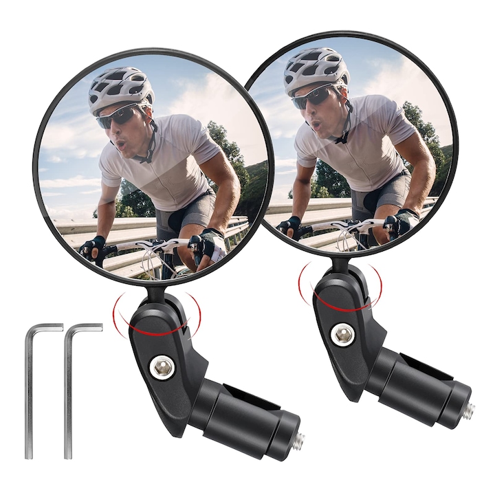 Set 2 oglinzi retrovizoare pentru bicicleta, Vaxiuja, 8cm diametru, reglaj 360 grade, se poate monta pe partea stanga sau dreapta, imbunatateste siguranta in timpul calatoriei, negru