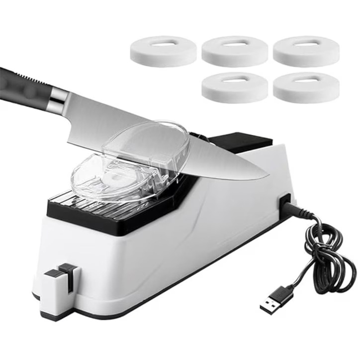 Ascutitor cutite electric cu 5 pietre, Rqiurpn, fata dubla, USB, Potrivit pentru foarfece si cutite de bucatarie, 60W, alb/negru