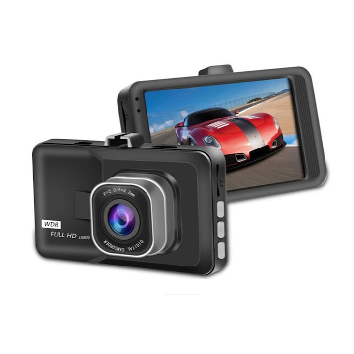 DVR камера за кола Rqiurpn, Full HD 1080p, ъгъл 140°, 3 инча екран, черен