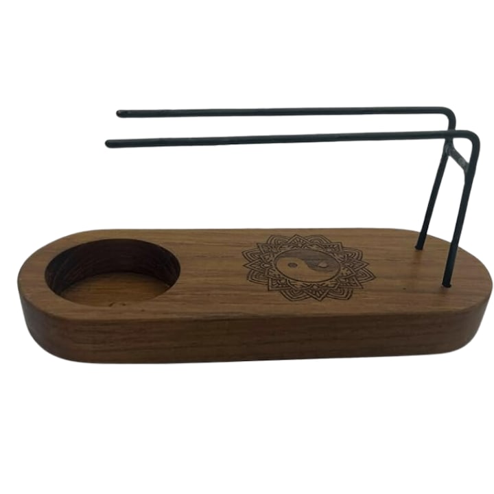 Suport fumigatie pentru Palo Santo sau Manuchi de salvie, realizat manual din lemn de tec, Curatare Energetica, Purificarea Spatiului, Design Yin si Yang, 15 x 6 x 7 cm