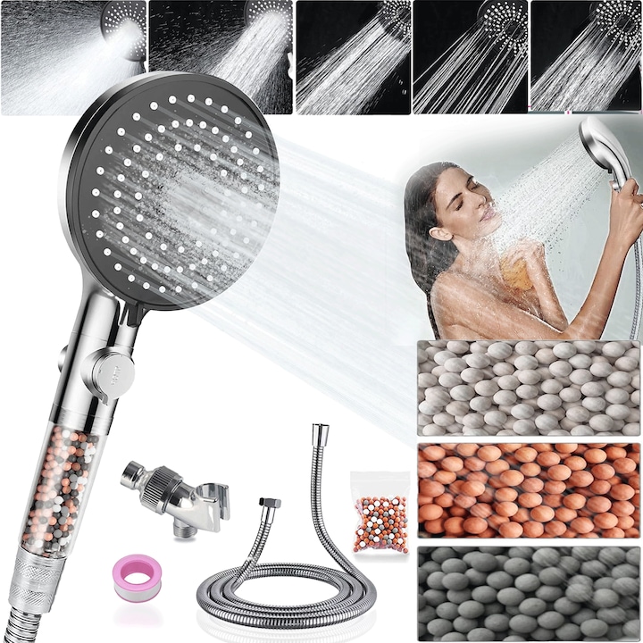 Para Cap De Dus, Excitat®, Filtru apa, 5 Functii, Cu banda de etansare, suport si furtun, Negru/Argintiu