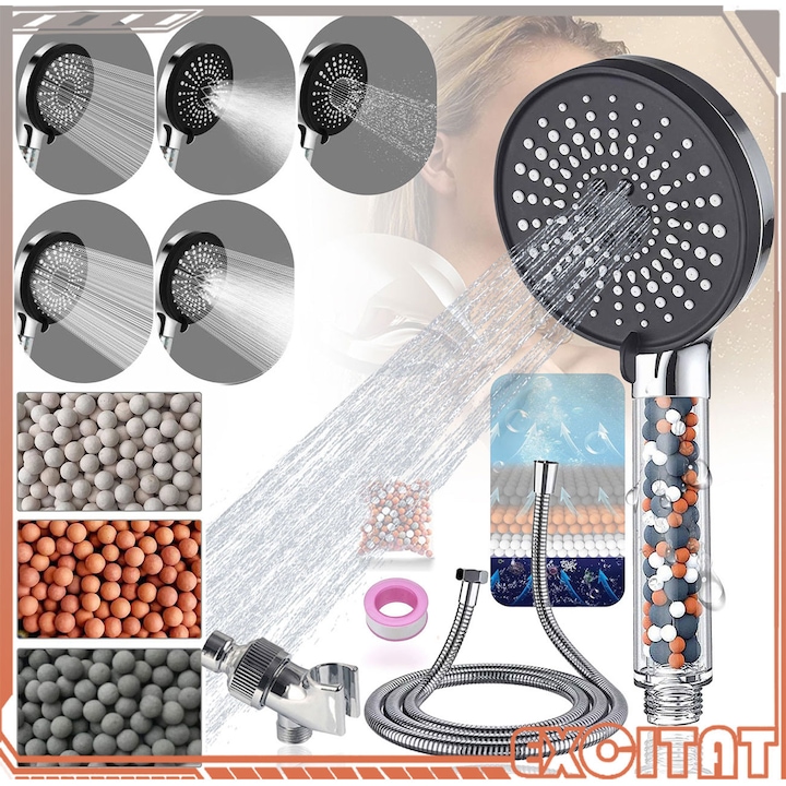 Para de Dus, Excitat®, Filtru apa, 5 Functii, Cu banda de etansare, suport si furtun, ABS, Crestere Presiune, Jet Uniform, Filtrare, Portabil, Acasa, 12x28cm, Negru