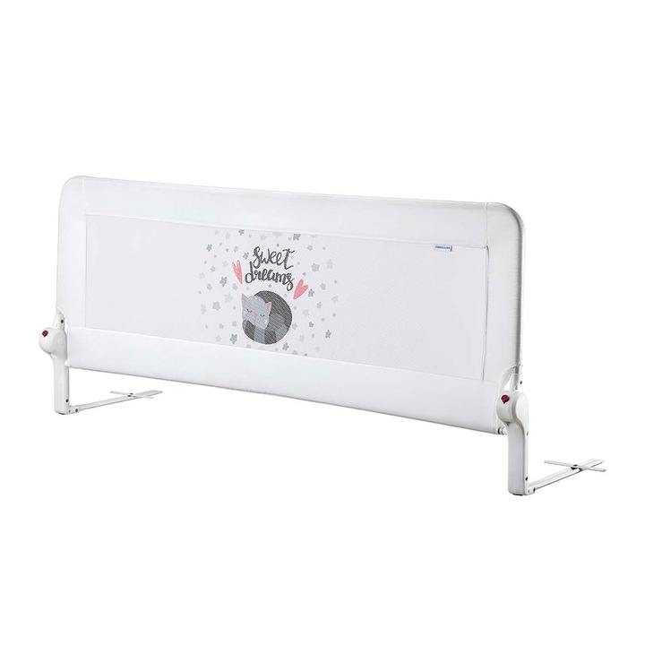 Bariera de protectie pentru pat, rabatabila, Guimo, 124 x 48.5 cm, Sweet Dreams, Decor Pisica, Alb