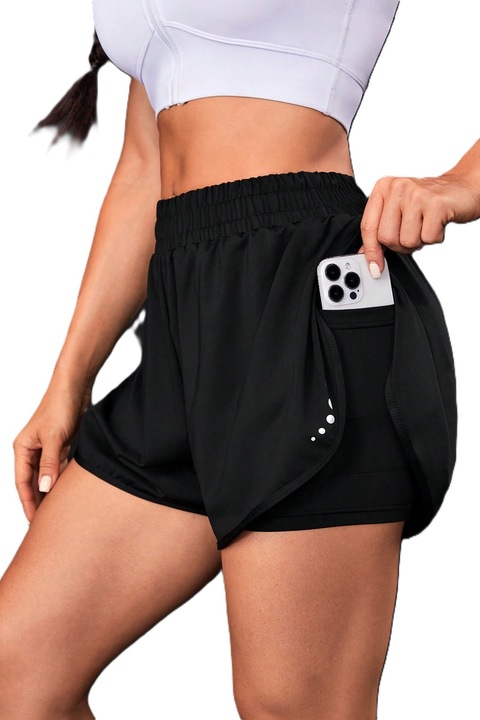 Pantaloni Scurti Sport Cu Talie Elastica Pentru Alergare, Cu Buzunar Pentru Telefon, Negru, Negru
