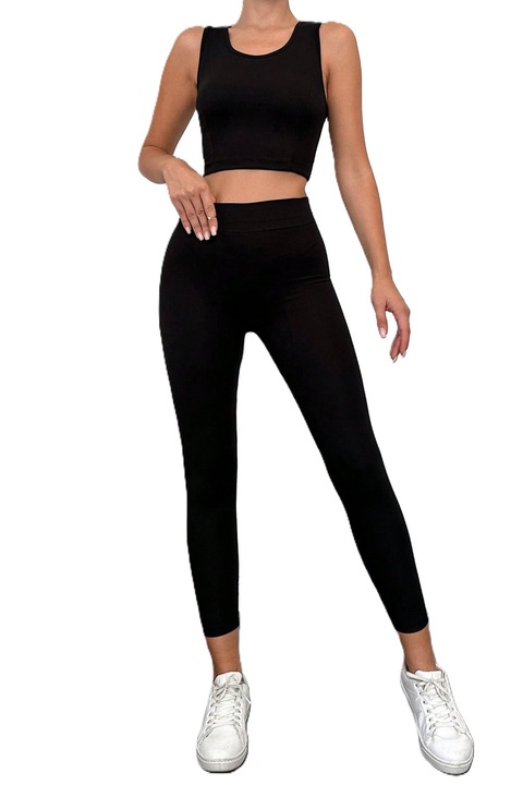 Set Fitness, Crop Top Scurt Si Colanti Pentru Femei, Negru, Negru