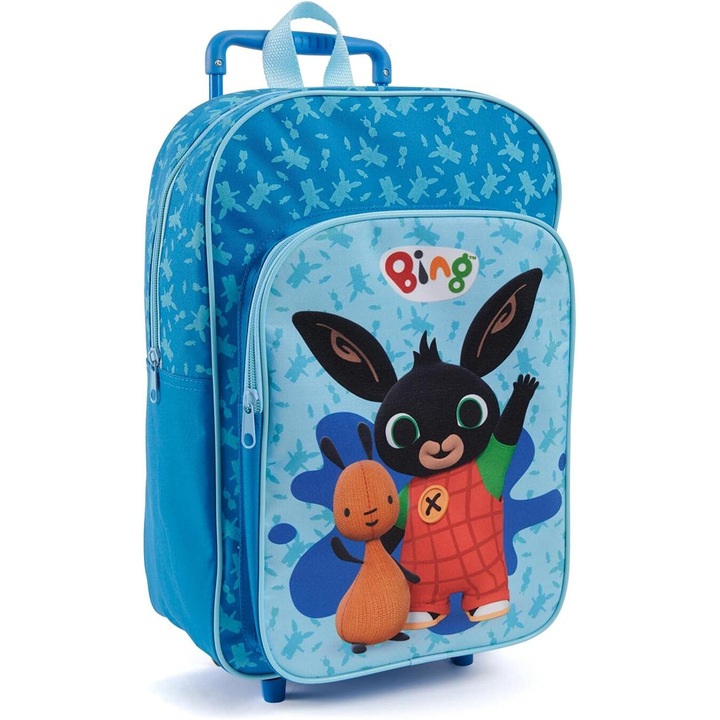 Детска раница тип количка с колелца за детска градина и училище 0-1 клас модел Bing, 36см височина, 2 джоба с цип, регулиращи се презрамки и дръжка Синя