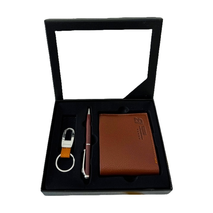 Set cu trei accesorii Dinasty, caseta cu portofel, pix asortat si breloc, Maro, Velve