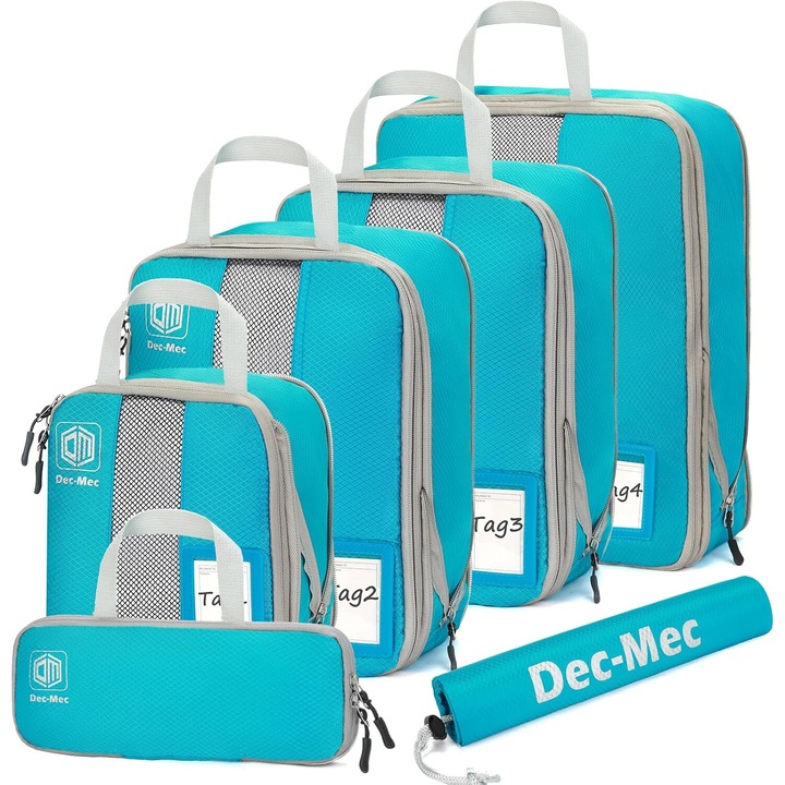 Set 5 huse organizare bagaj calatorie, MonoBin™, rezistente la apa, sistem compresie/extensie cu fermoar, impermeabile，Albastru