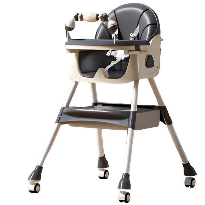 Comando Kids столче за хранене, мултифункционално, 2 тави, свалящ се капак и играчки, с предпазен колан, място за съхранение, колелца, регулируема височина и облегалка, функция за люлеене, възраст 6+ месеца, сив