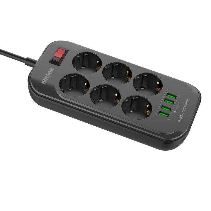 Удължител amXea PS-6400-L2B Черен, 6 гнезда, 4xUSB 5V/3.1A, 2m, 2500W, ключ, защита от пренапрежение, защита от деца, антистатичен