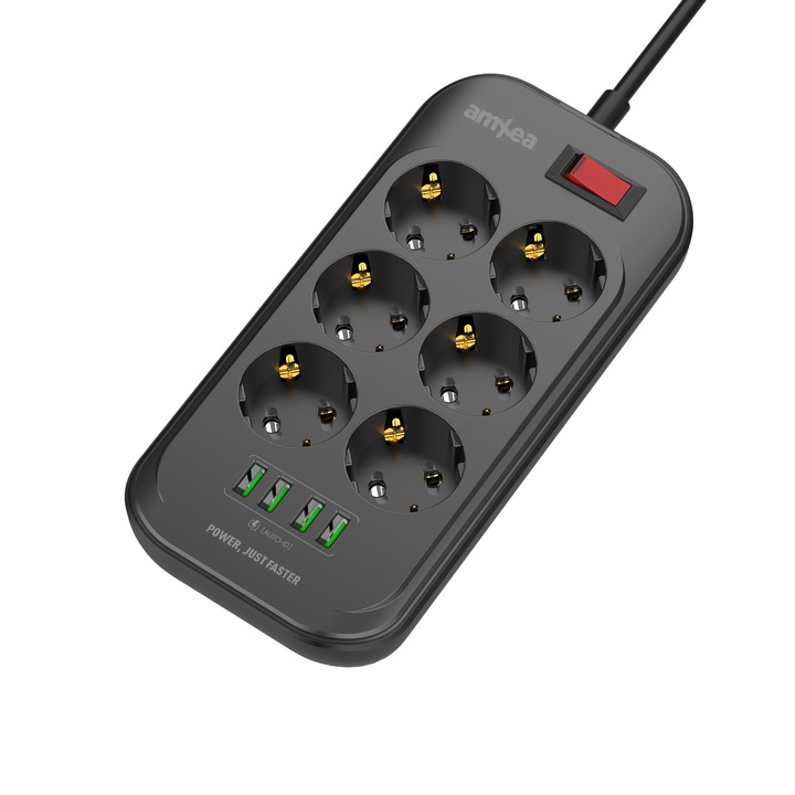 Prelungitor amXea PS-6400-L2B Negru, 6 prize, 4xUSB 5V/3.1A, 2m, 2500W, intrerupator, protectie supratensiune, protectie copii, anti-static