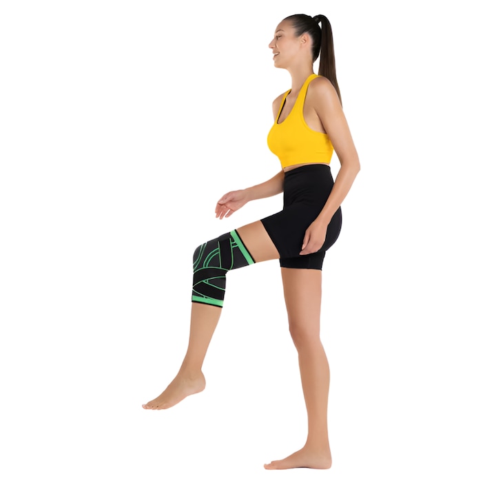 Genunchiera Medicala Elastica, pentru Ameliorarea Durerilor de Menisc, Rupturi de Ligamente, Suport pentru Rotula, Ideala in Activitatile Sportive Dinamice, cu Bretele Ajustabile, Unisex, Negru/Verde, JD Store