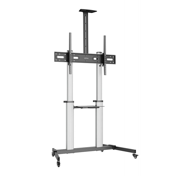 Stand TV mobil pe roti, aluminiu, reglabil, 60-100 inch(152cm-254cm), raft multimedia, capacitate sustinere 80KG, Argintiu / Negru, Manhattan, ICA-TR56