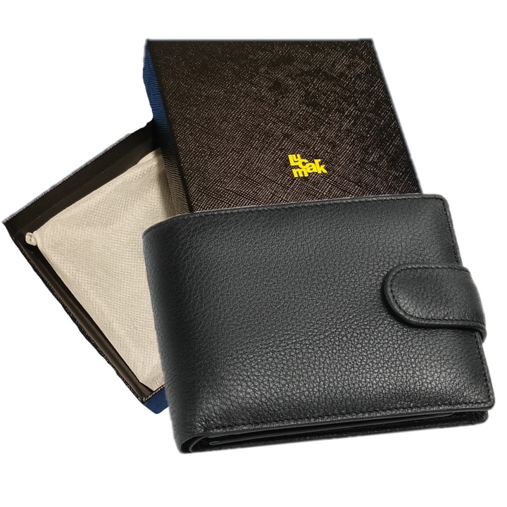 Портфейл от естествена кожа Lucmark, 12,5 x 2,5 x 9,5 cm, черен цвят, с щипка - RFID защита