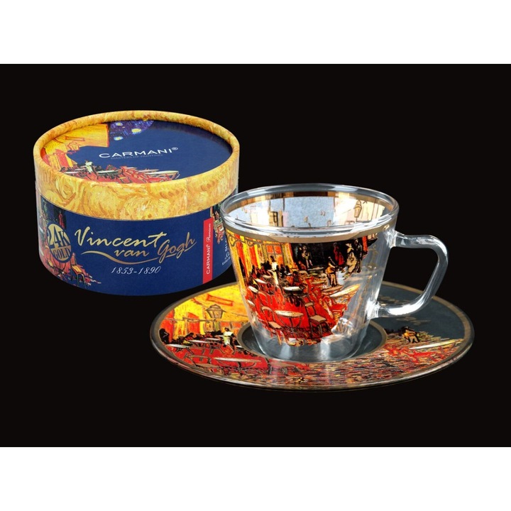 Ceasca espresso V. Van Gogh. - Cafe terrace at night, Carmani, sticla, 100ml, 6cm inaltime, 12.6cm diametru farfurie, multicolor