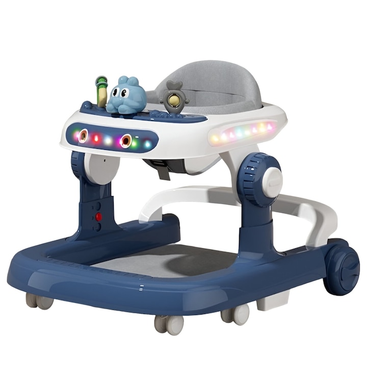 Проходилка, Многофункционална Prewalker с Flippy Wheels, модел Rabbit, регулируема височина, табла, музика, светлини, 66x59x41 см, син