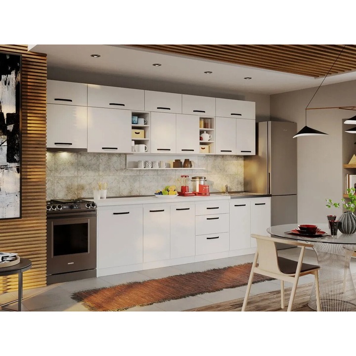 Set Mobila Bucatarie, Fog, 31, Alba, 340 cm, plus Chiuveta, Pal Melaminat