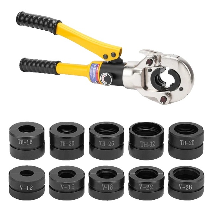 Cleste hidraulic pentru sertizat tevi, compatibil Pex/Inox/Cupru, cu capete TH/V, rosu cu negru, 15.75 inch, Set