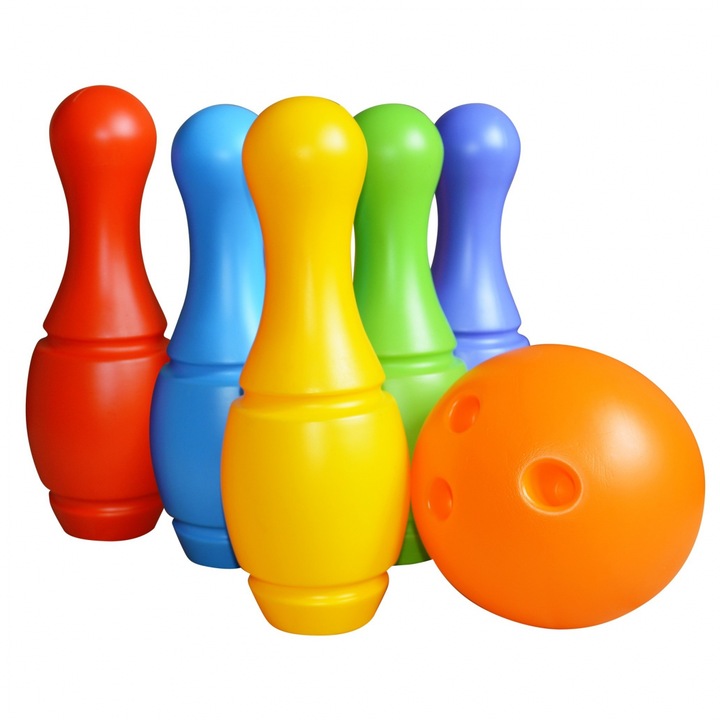 MEJ-POL bowling pop szett, 6 db tarka darab, labdával, 12 hónaposnál idősebb gyerekeknek