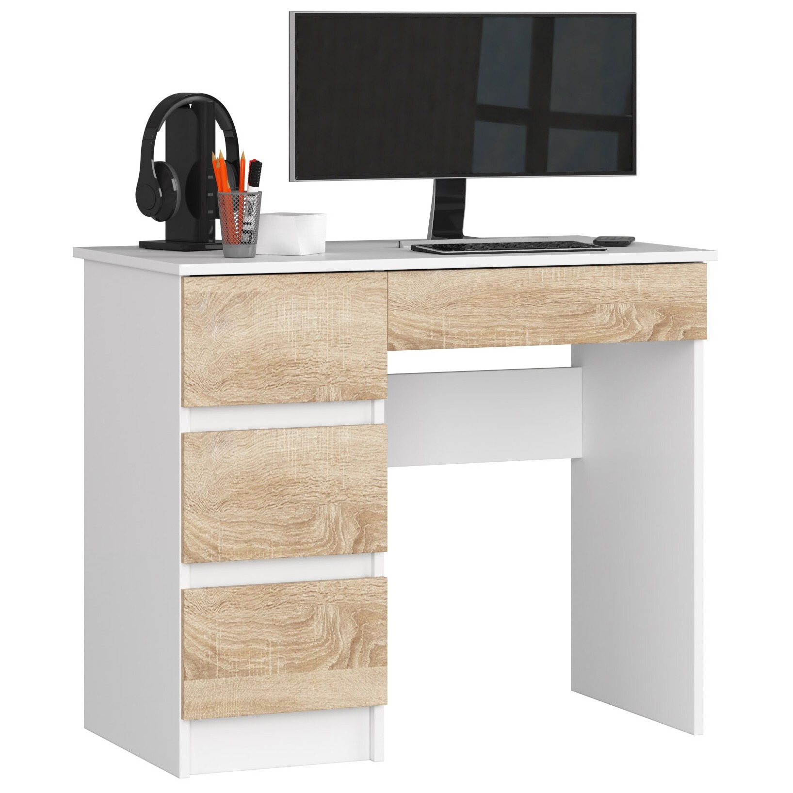 Birou Computer Birou computer A-7, Akord, 90 cm, alb si sonoma, 4 sertare, montaj ...
